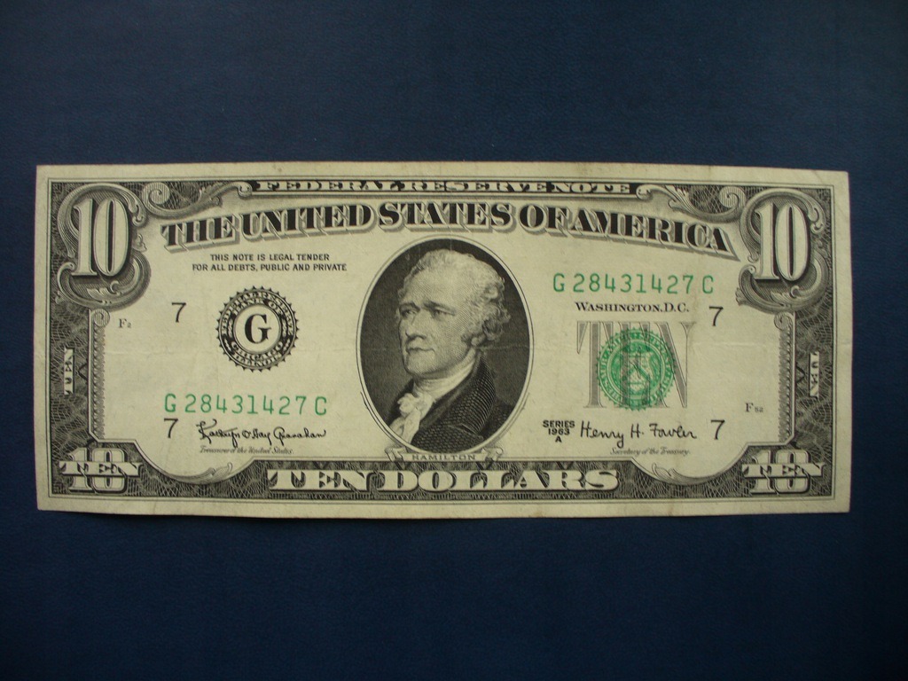 Banknot dziesięciodolarowy amerykański.