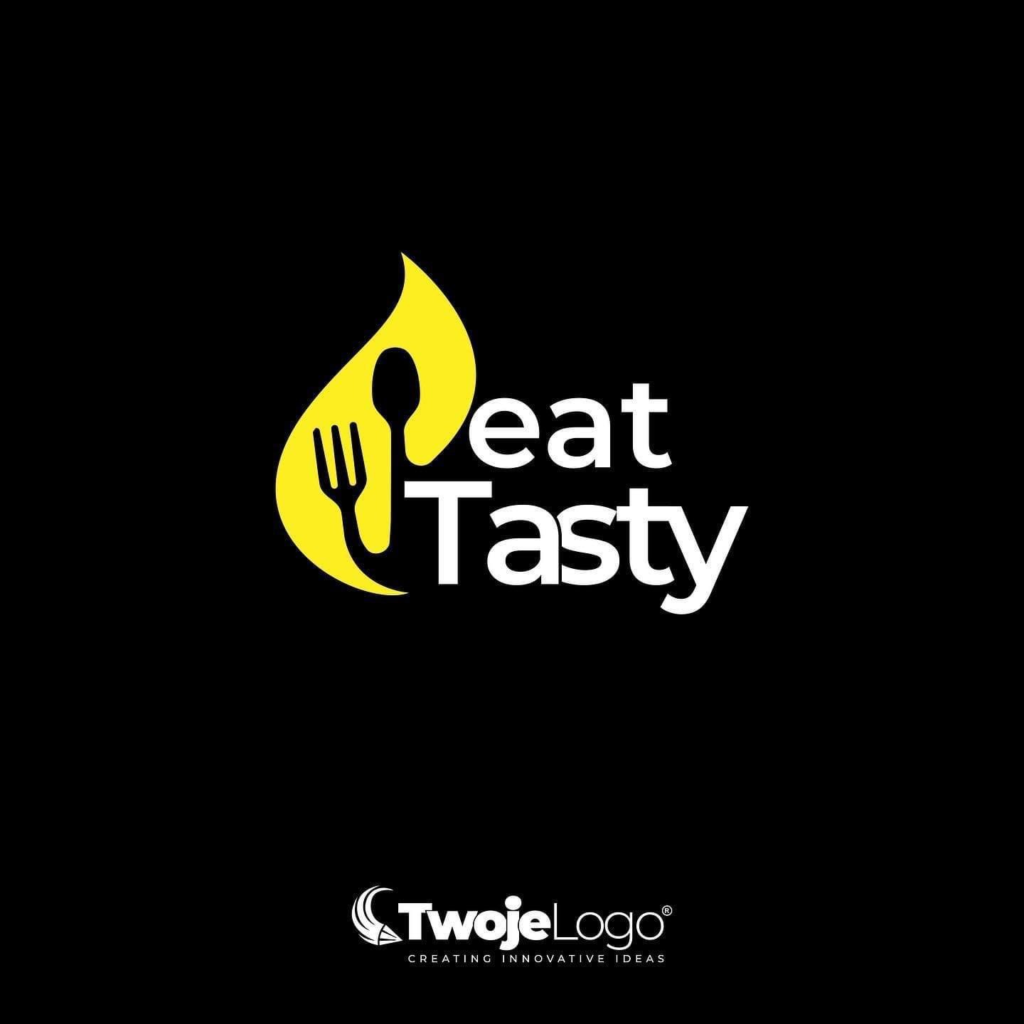 Minimalistyczne logo z żółtym symbolem płomienia otaczającego sztućce oraz białym napisem 'Eat Tasty' na czarnym tle, z dodatkowym logotypem firmy poniżej.