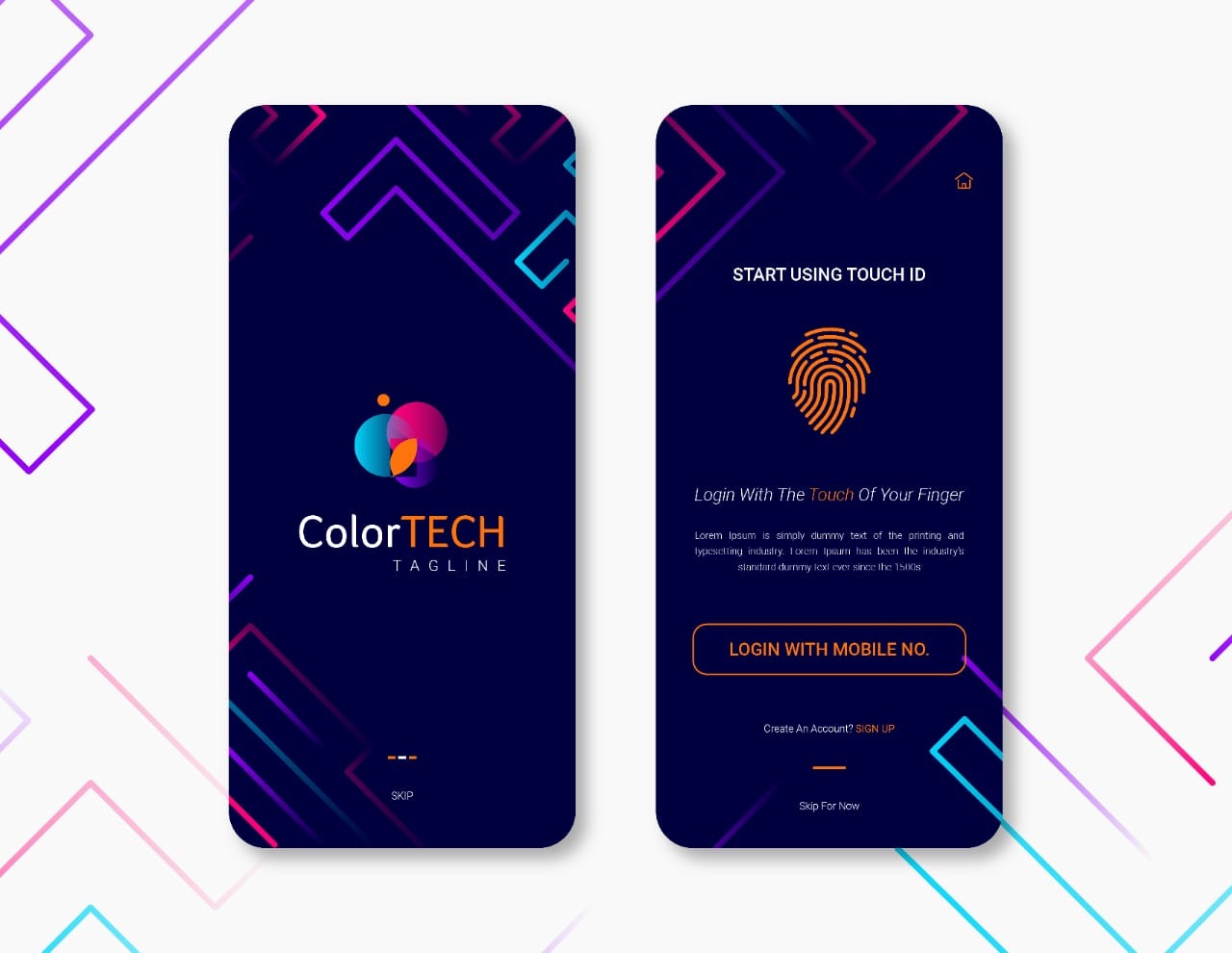 Dwa ekrany aplikacji mobilnej z ciemnym tłem i abstrakcyjnymi neonowymi liniami. Po lewej ekran z logo ColorTECH, po prawej ekran logowania z użyciem Touch ID i odciskiem palca.