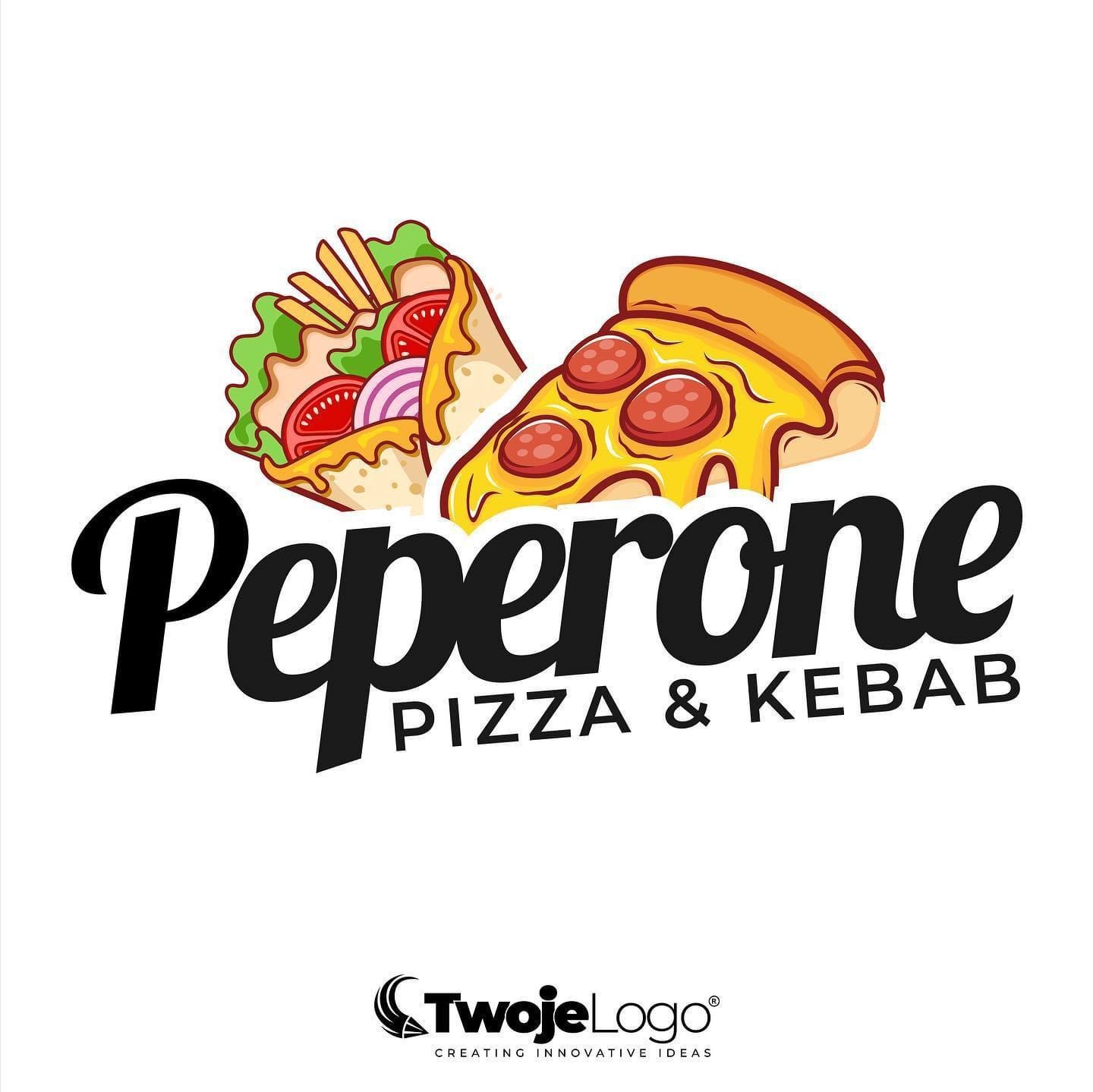 Ilustracja przedstawiająca logo firmy z grafiką pizzy pepperoni i kebaba, z nazwą firmy 'Peperone Pizza & Kebab' i hasłem 'Creating Innovative Ideas'.
