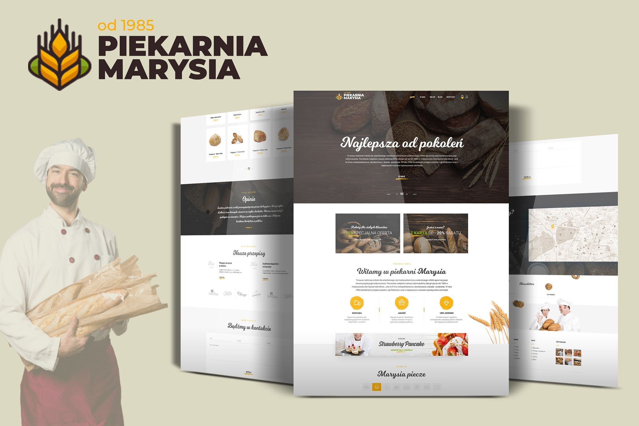 Prezentacja responsywnej strony internetowej piekarni z uśmiechniętym piekarzem trzymającym bagietki w papierowej torbie, widoczne różne podstrony witryny, w tym oferta, kontakt i informacje o firmie.