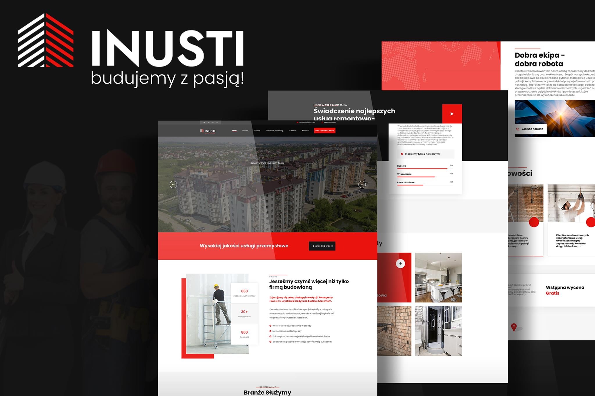 Strona internetowa firmy budowlanej Inusti, prezentująca usługi remontowe i budowlane, z widocznym logo i hasłem 'budujemy z pasją!', zdjęcia z realizacji, statystyki zadowolonych klientów...