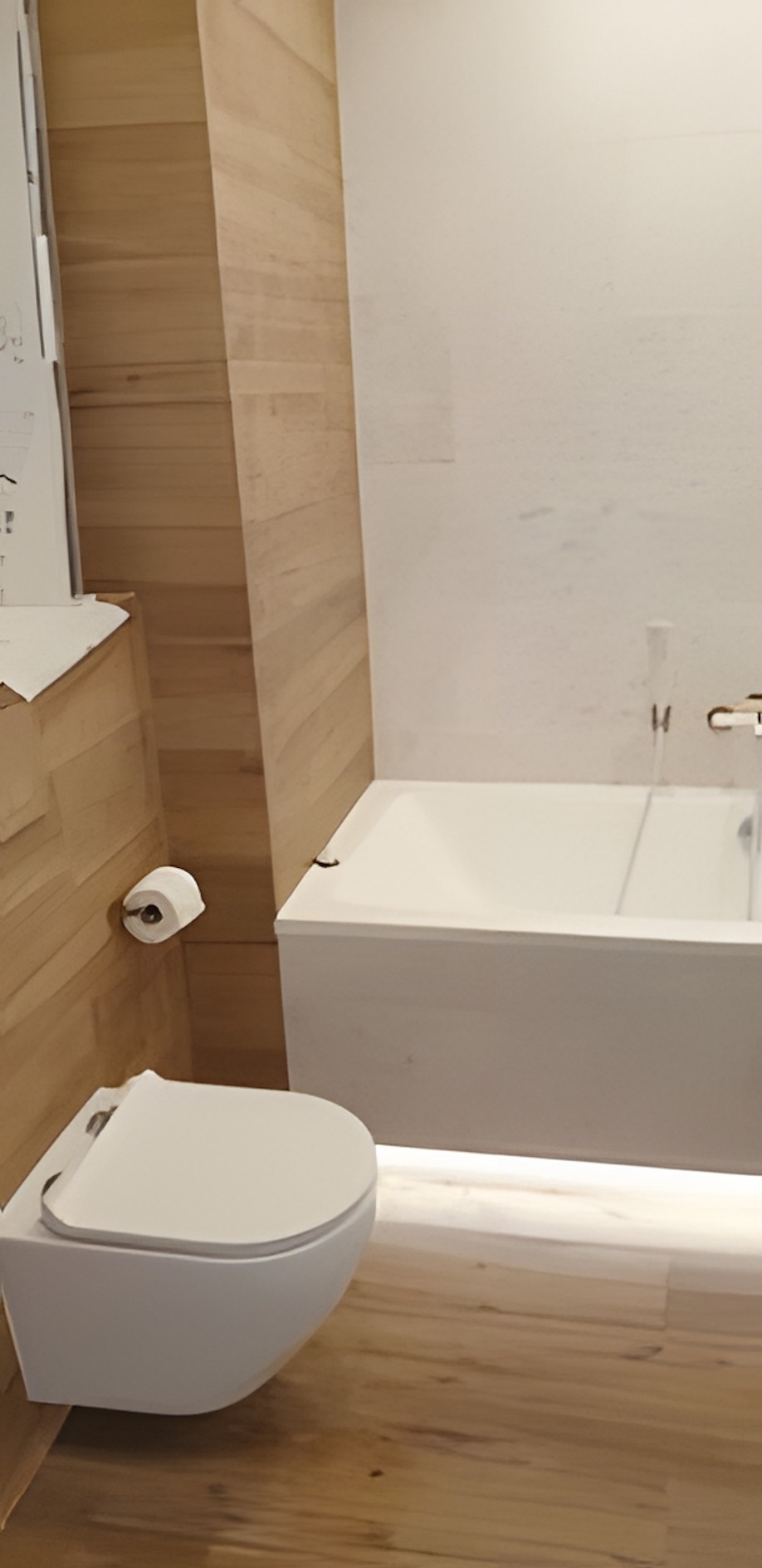 Nowoczesna łazienka z drewnianymi panelami, podwieszaną toaletą i białą wanną. Minimalistyczny design, oświetlenie LED pod wanną, uchwyt na papier toaletowy.