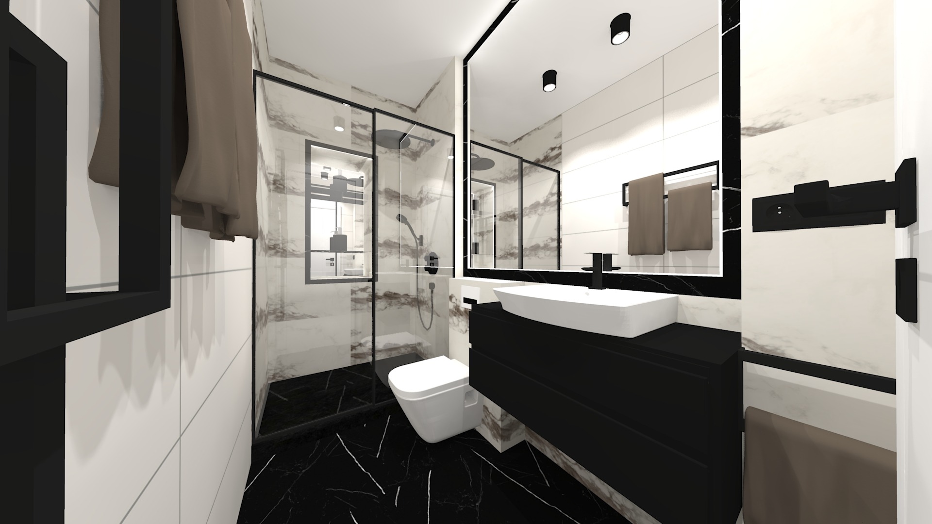 Wizualizacja łazienki z kabiną prysznicową typu walk-in, umywalką nablatową na czarnej szafce, toaletą wiszącą i czarno-białymi płytkami imitującymi marmur na ścianach i podłodze.