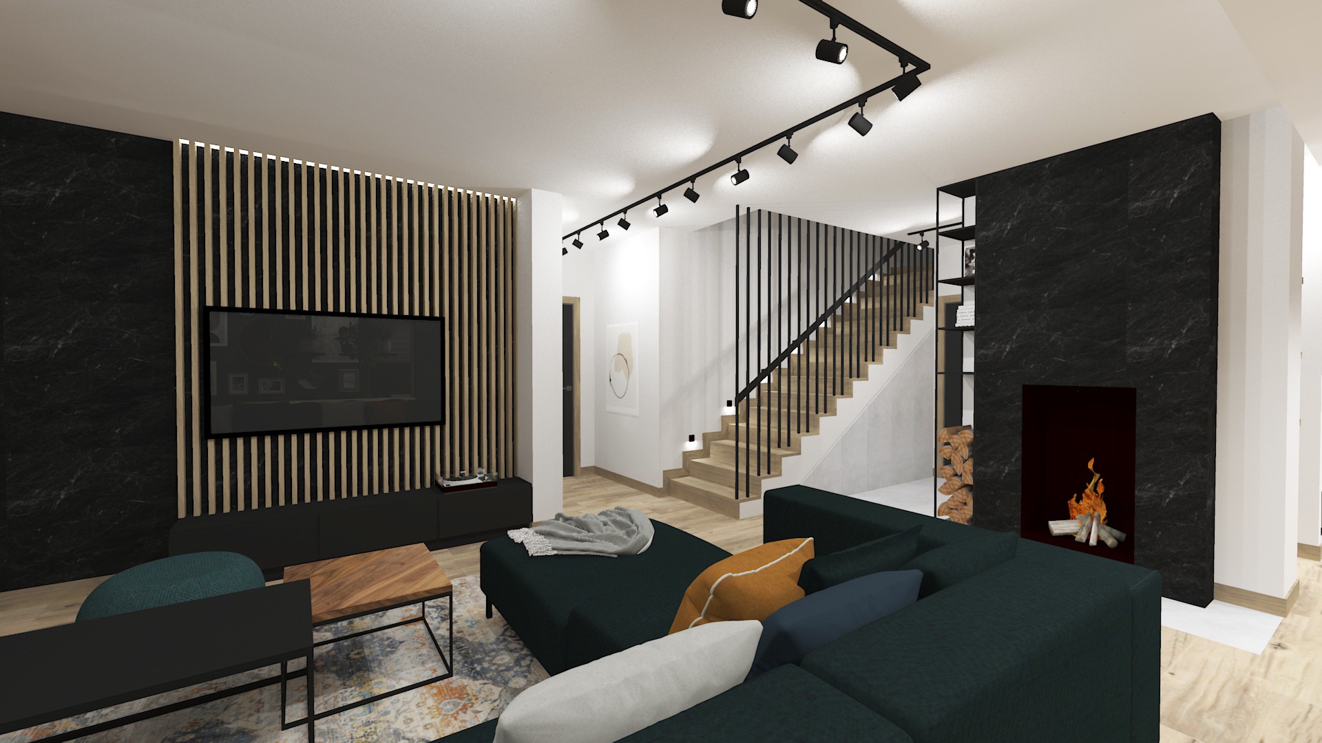 Wizualizacja salonu z kominkiem obłożonym czarnym marmurem, drewnianymi lamelami za telewizorem i schodami z czarną balustradą.