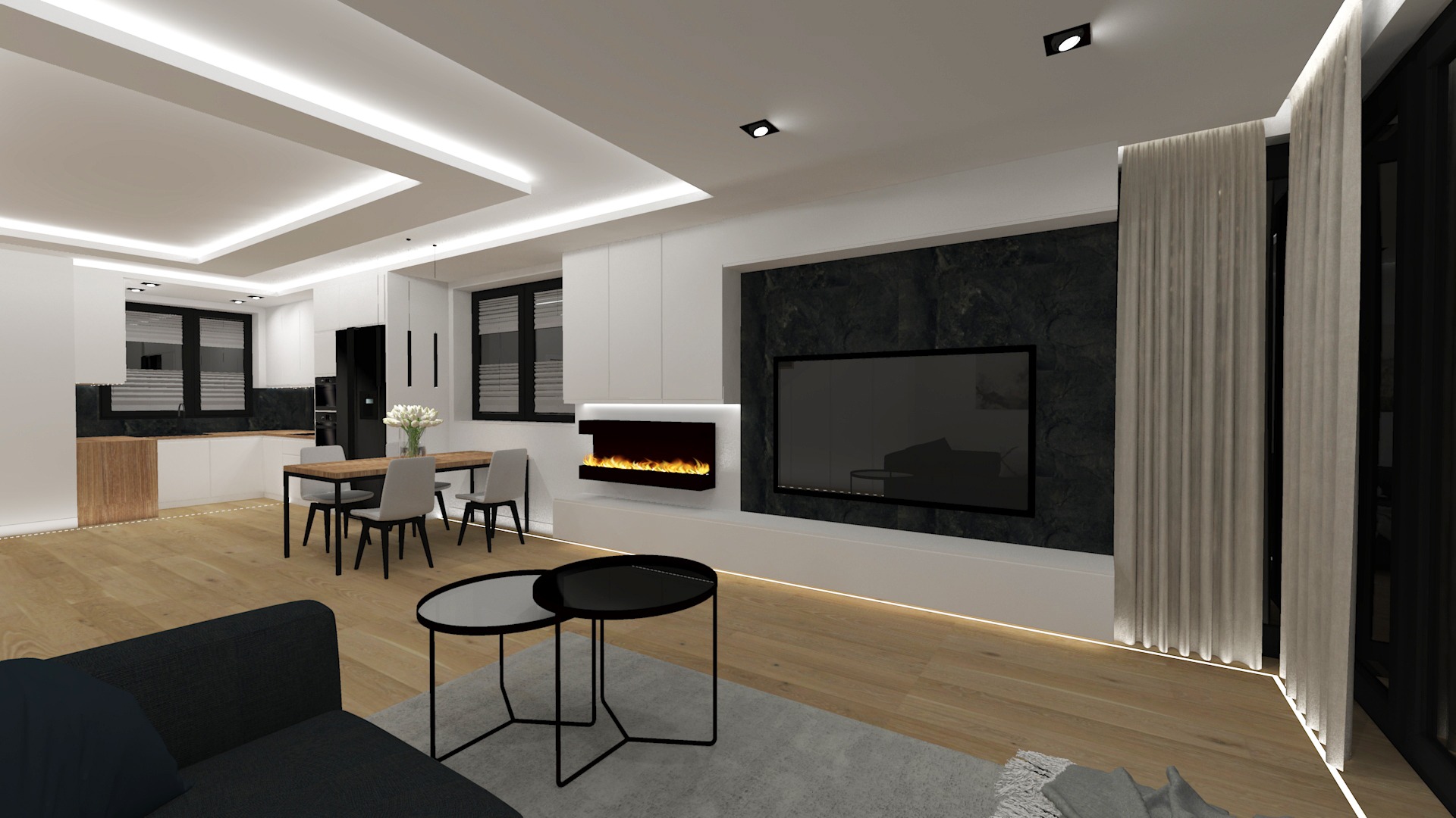 Wizualizacja nowoczesnego wnętrza: połączona kuchnia z jadalnią i salonem, dominują biel, czerń i drewno, akcentem jest elektryczny kominek pod telewizorem i ukryte oświetlenie LED.