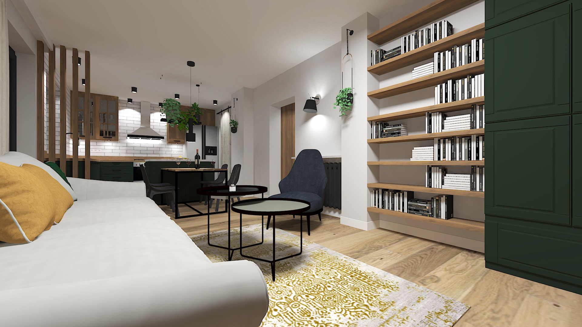 Wizualizacja przestronnego wnętrza mieszkania z otwartą kuchnią, białym narożnikiem z żółtą poduszką, okrągłymi stolikami kawowymi, ciemnozieloną zabudową kuchenną i regałem na książki.
