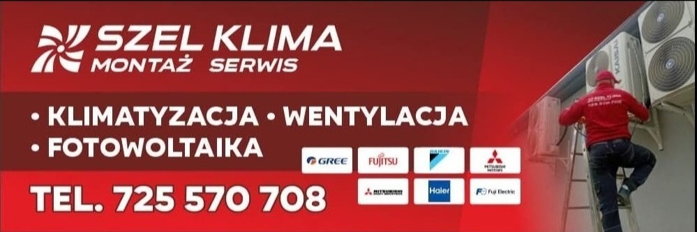 Baner firmy Szel Klima: montaż, serwis klimatyzacji, wentylacji i fotowoltaiki. Pracownik na drabinie montuje klimatyzator. Widoczne loga producentów.