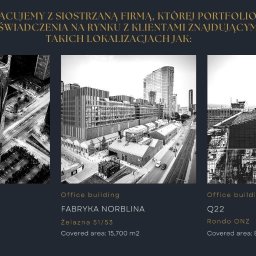 ELITE - Portfolio firmy sprzątającej biura: Varso Tower, Fabryka Norblina i Q22 w Warszawie. Czarno-białe zdjęcia budynków z lotu ptaka z podanymi adresami i powierzchnią.