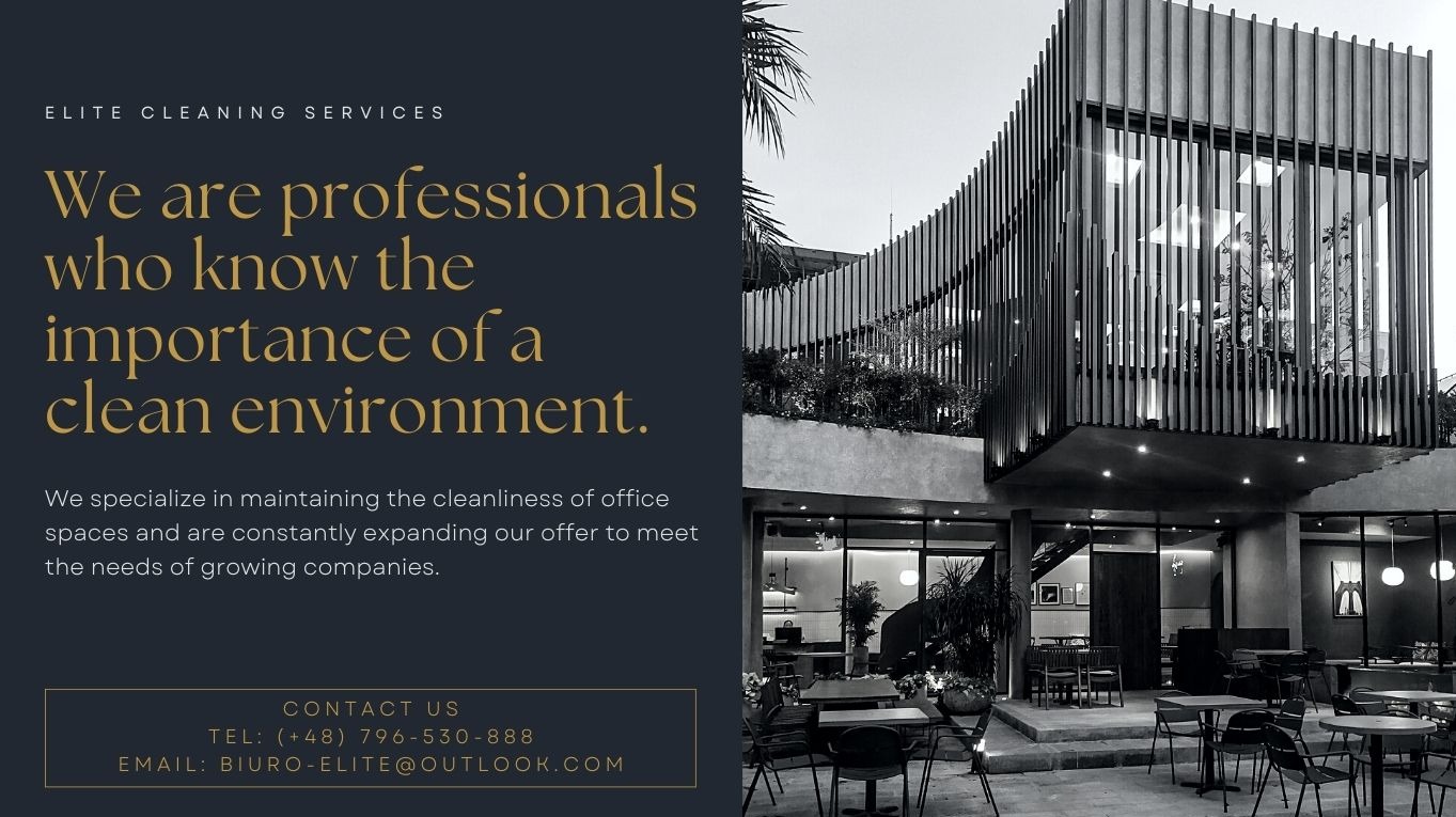 Elegancka grafika z nowoczesnym biurowcem i tekstem o profesjonalnym utrzymaniu czystości w biurach. Kontakt do firmy sprzątającej.