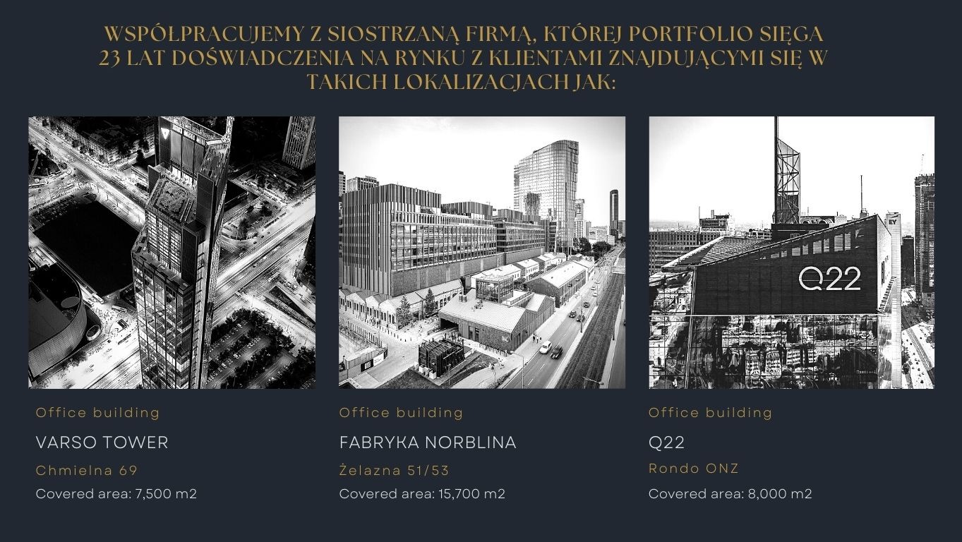 Portfolio firmy sprzątającej biura: Varso Tower, Fabryka Norblina i Q22 w Warszawie. Czarno-białe zdjęcia budynków z lotu ptaka z podanymi adresami i powierzchnią.