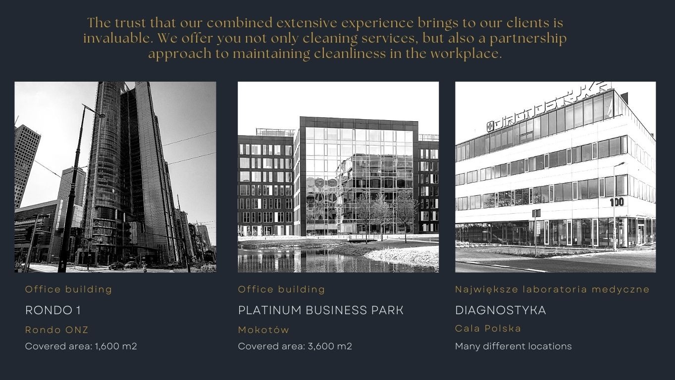 Elegancka prezentacja trzech budynków biurowych w czerni i bieli, podkreślająca ofertę usług utrzymania czystości dla biznesu. Architektura miejska w minimalistycznym stylu.