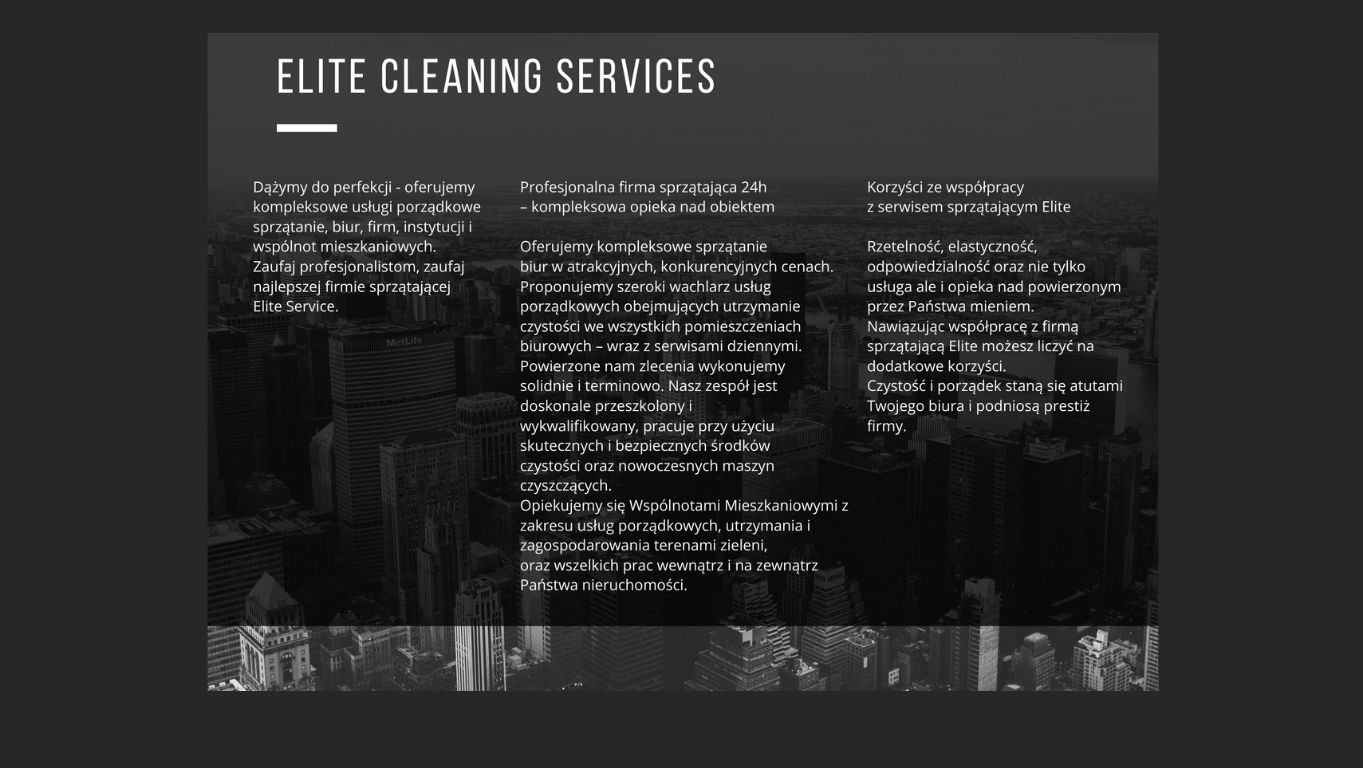 Grafika reklamowa firmy Elite Cleaning Services z tekstem o ofercie sprzątania biur i budynków, na tle panoramy miasta. Tekst w kolorze białym na ciemnoszarym tle.