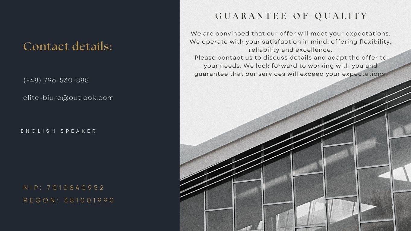 Elegancki kontakt z biurem: numer telefonu, email, NIP, REGON, informacja o obsłudze w języku angielskim, budynek biurowy w tle i tekst o gwarancji jakości.