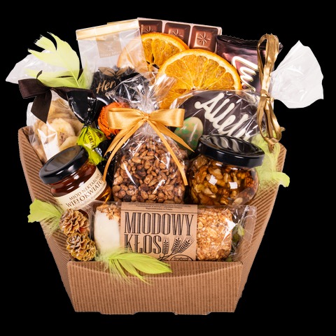 Kosz z tektury falistej wypełniony miodem nektarowym, batonami miodowymi, orzechami w miodzie, czekoladą, suszonymi pomarańczami i dekoracyjnymi piórkami.
