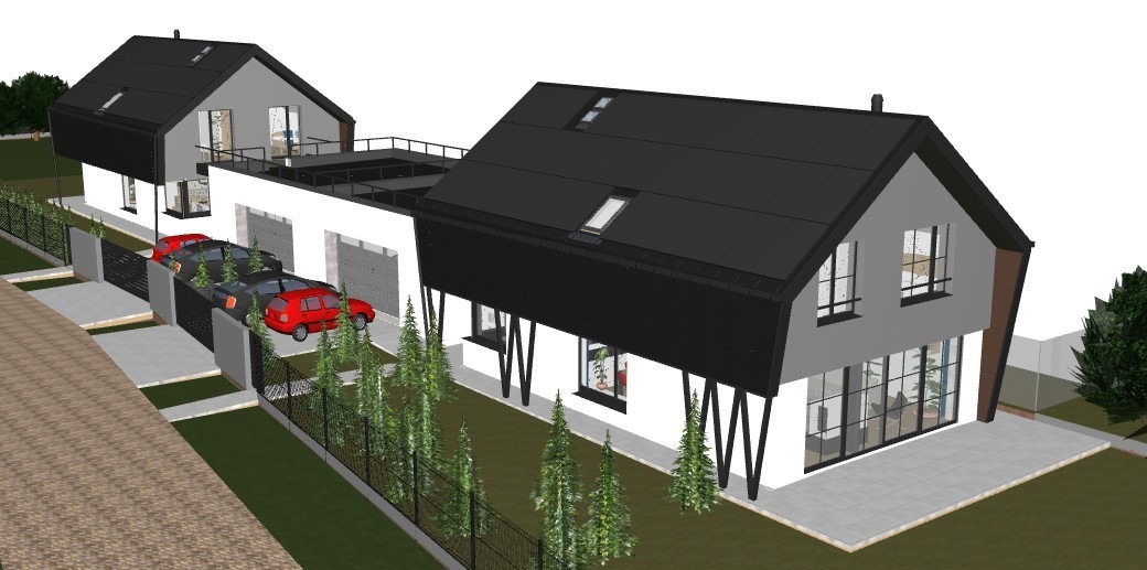 Wizualizacja projektu nowoczesnego domu dwukondygnacyjnego z czarnym dachem, dużymi oknami i garażem na dwa samochody, otoczonego zielenią.