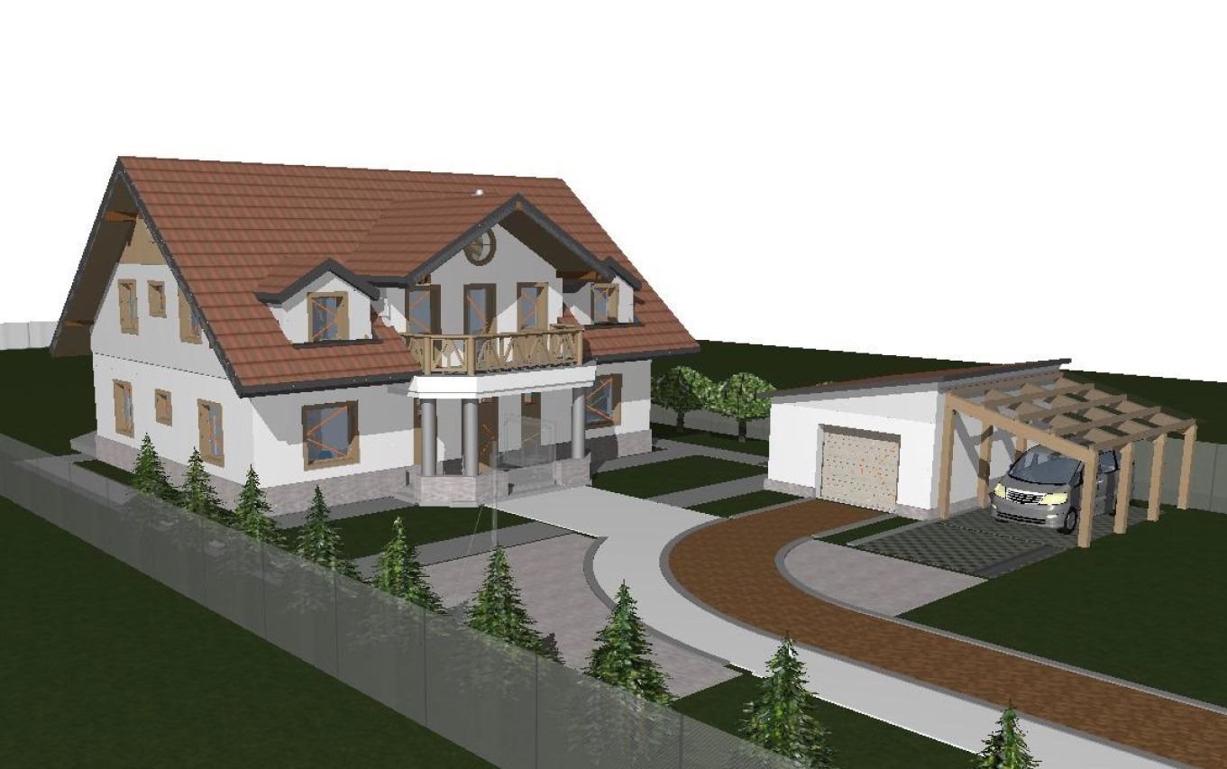 Wizualizacja 3D domu jednorodzinnego z garażem i wiatą na samochód, widok z góry na posesję z ogrodzeniem i zielenią.