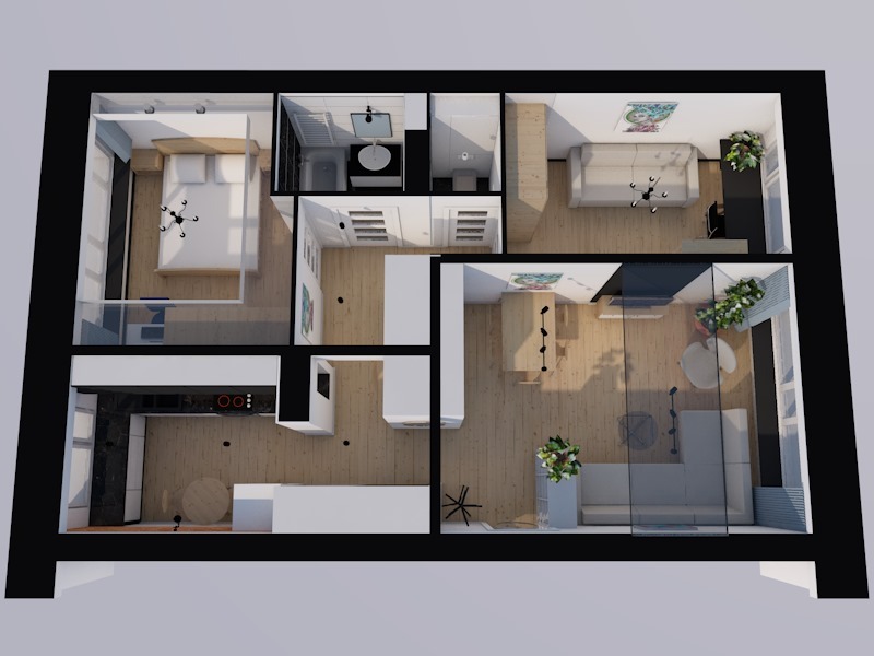 Widok z góry na wizualizację 3D mieszkania z sypialnią, łazienką, kuchnią i salonem, ukazujący układ funkcjonalny i rozmieszczenie mebli.