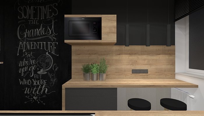 Wizualizacja kuchni w stylu loft z czarną ścianą z napisem kredą, drewnianym blatem, wbudowaną mikrofalówką i trzema lampami wiszącymi