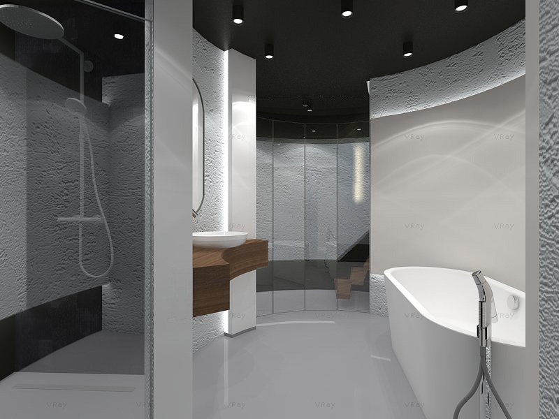 Wizualizacja nowoczesnej łazienki z kabiną prysznicową, umywalką na drewnianym blacie i wolnostojącą wanną, oświetlenie punktowe, ściany o fakturze betonu.