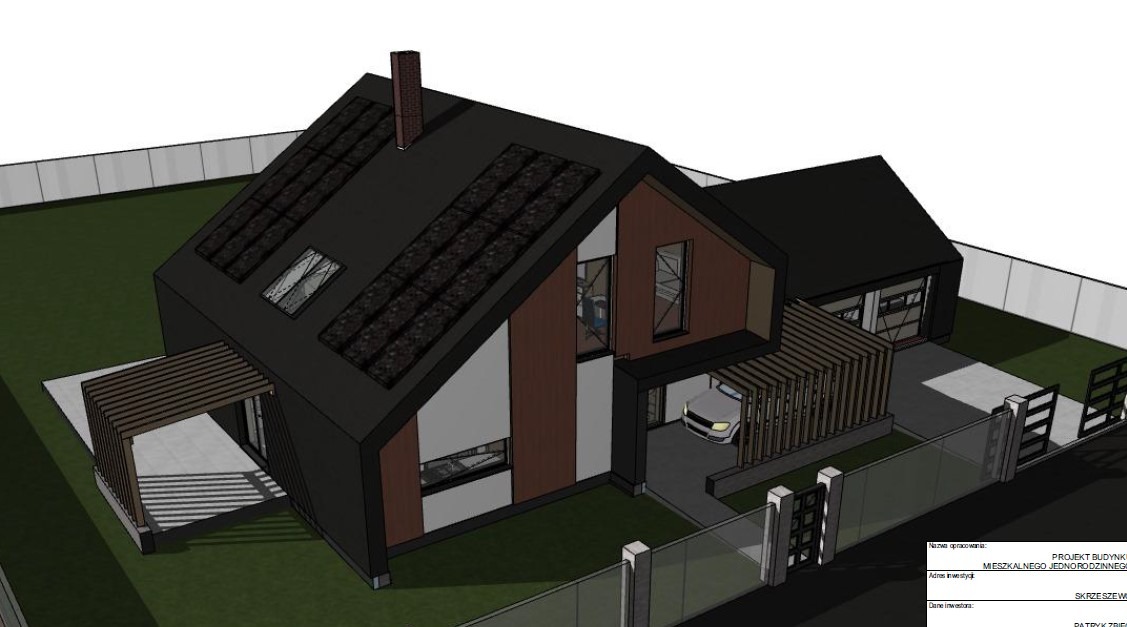 Wizualizacja 3D nowoczesnego domu jednorodzinnego z panelami słonecznymi na dachu, garażem i drewnianą pergolą, otoczonego ogrodzeniem.