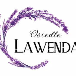 Logo firmy 'Osiedle Lawenda' z motywem akwarelowych gałązek lawendy w fioletowych odcieniach, okalających nazwę.
