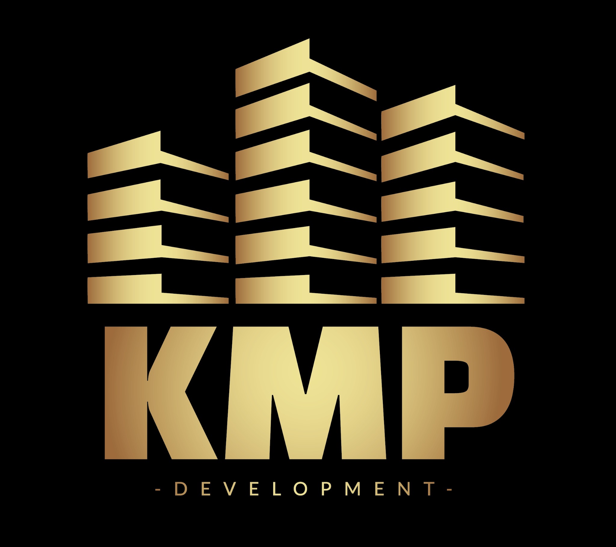 Złote logo KMP Development na czarnym tle, przedstawiające trzy budynki o schodkowej strukturze.