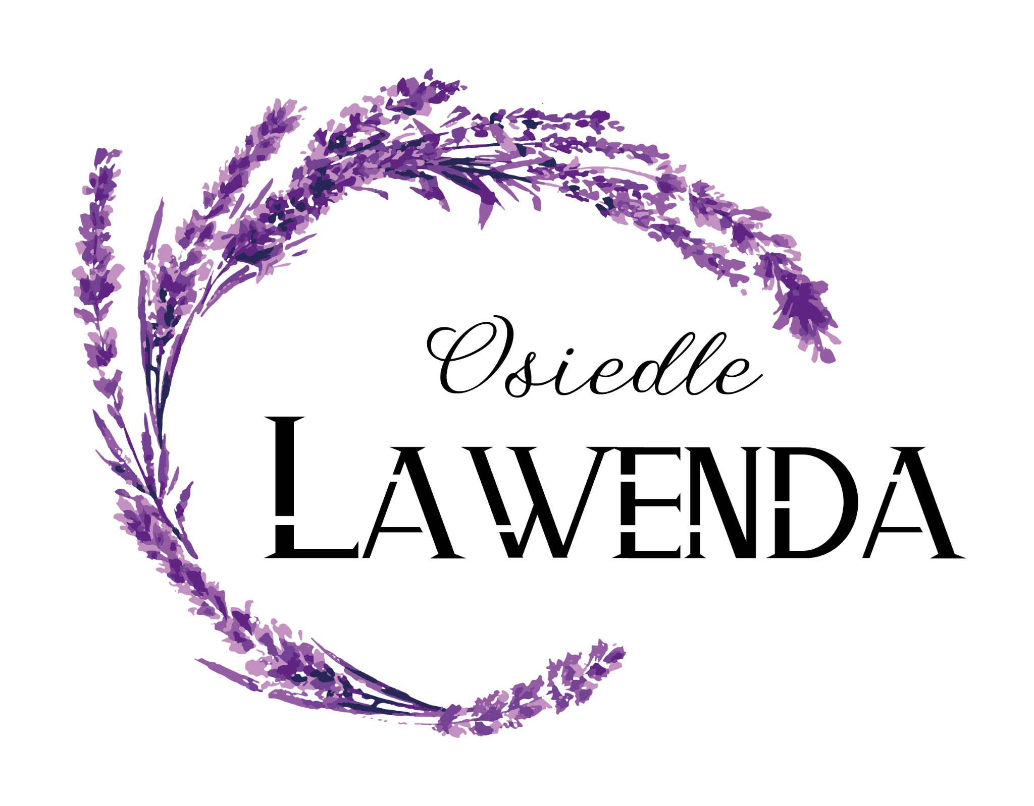 Logo firmy 'Osiedle Lawenda' z motywem akwarelowych gałązek lawendy w fioletowych odcieniach, okalających nazwę.