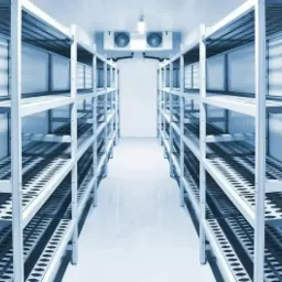 Pusta mroźnia z rzędami metalowych regałów z perforowanymi półkami i klimatyzatorem sufitowym z dwoma wentylatorami, oświetlona chłodnym, jasnym światłem.