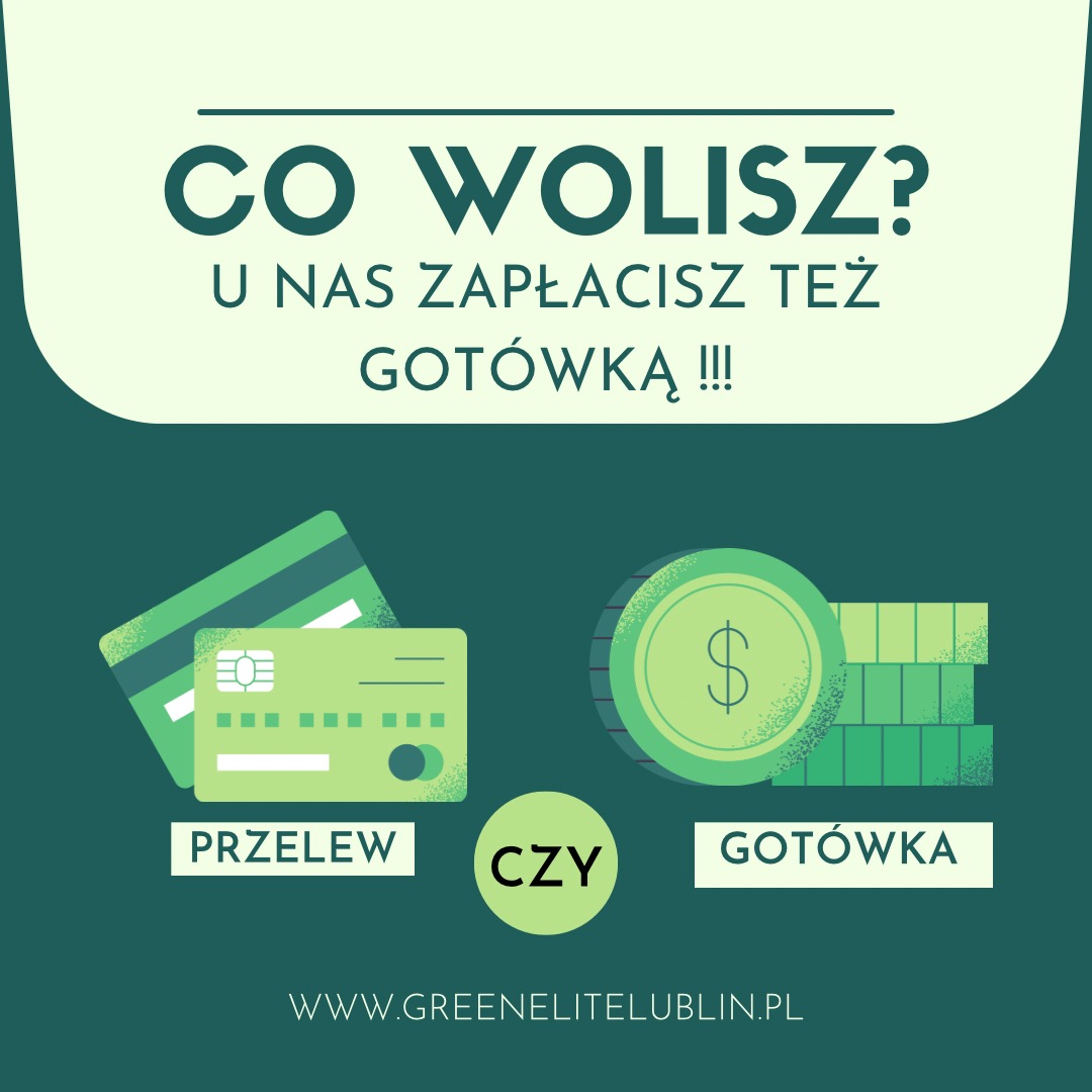 Grafika informująca o akceptowanych formach płatności: przelewem lub gotówką, z ilustracjami kart kredytowych i monet w odcieniach zieleni.