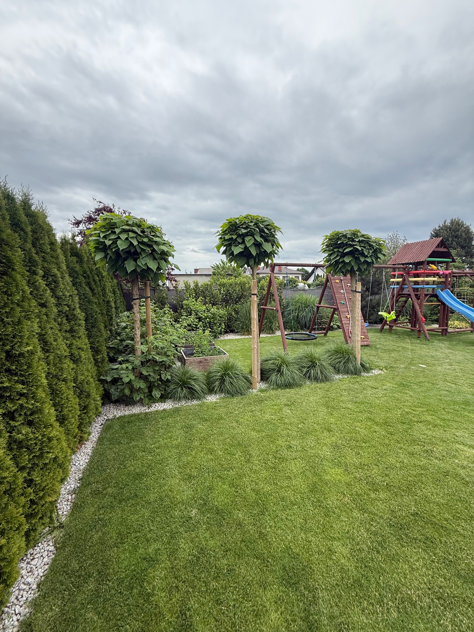 Zadbany ogród z równo przystrzyżonym trawnikiem, kulistymi drzewami i placem zabaw w tle. Widoczne tuje i obrzeża z białych kamieni.