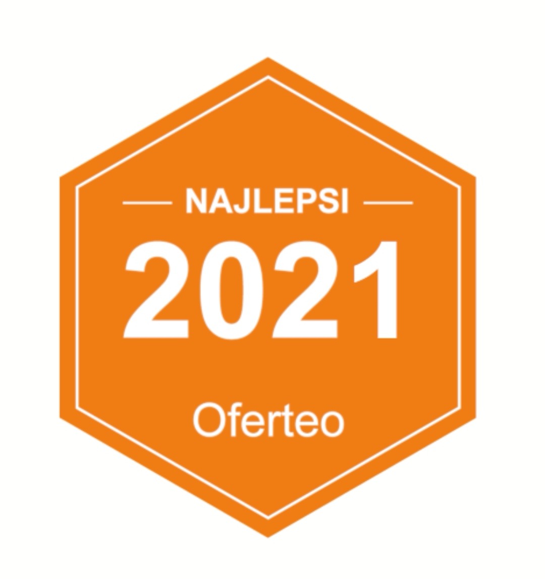 Pomarańczowa ikona nagrody Oferteo Najlepsi 2021 z białym napisem na białym tle.
