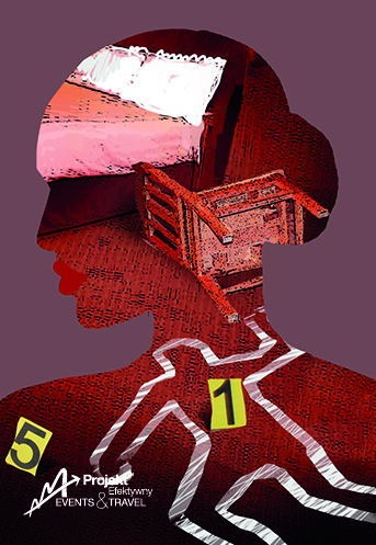 Grafika przedstawiająca sylwetkę kobiety z nałożonymi elementami: wnętrze pokoju z łóżkiem i krzesłem w głowie, obrys ciała z numerami 1 i 5, logo firmy 'Projekt Efektywny Events & Travel' w dolnej...