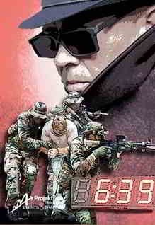 Grafika reklamowa gry integracyjnej online 'Sabotaż': żołnierze w kamuflażu eskortują więźnia na tle sylwetki mężczyzny w kapeluszu i okularach przeciwsłonecznych, z cyfrowym zegarem wskazującym...