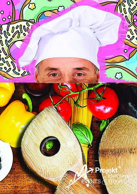 Uśmiechnięte oczy kucharza w wysokiej, białej czapce na tle kolorowych pączków, poniżej warzywa, makaron i drewniane łyżki, w rogu logo firmy eventowej.