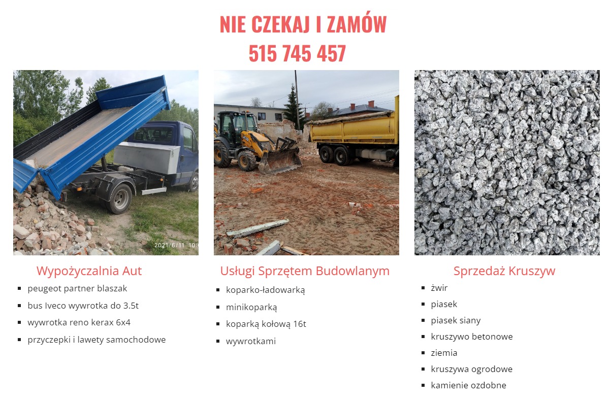 Kompozycja z trzech zdjęć: wywrotka z podniesioną skrzynią na tle gruzu, koparko-ładowarka na placu budowy z rozrzuconymi cegłami i wywrotką w tle, oraz zbliżenie na szare kruszywo.