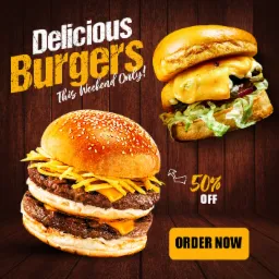 Promocyjna grafika z dwoma apetycznymi burgerami na drewnianym tle, z napisem 'Delicious Burgers This Weekend Only!' oraz informacją o 50% zniżce i wezwaniem do działania 'Order Now'.