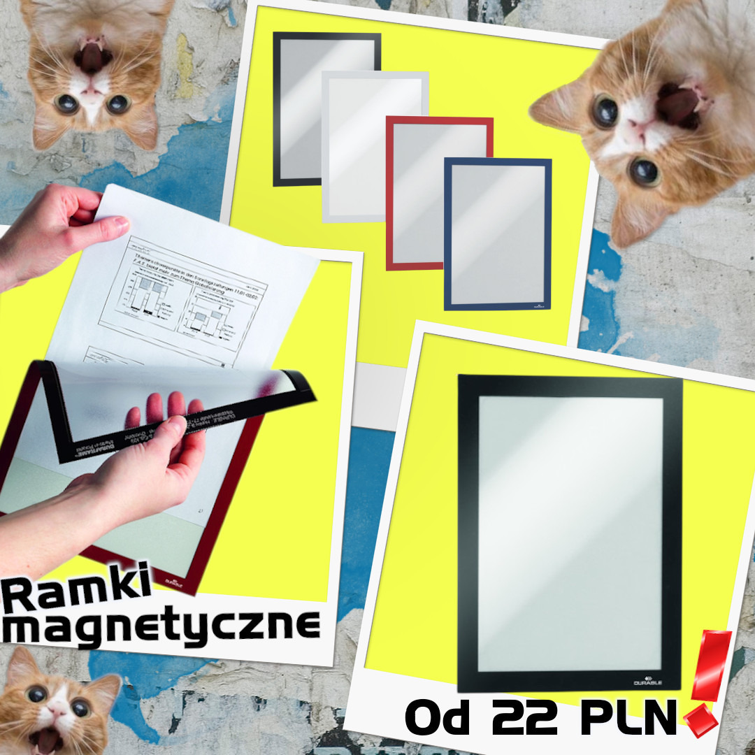 Prezentacja ramek magnetycznych Durafix w różnych kolorach (czarny, szary, czerwony, niebieski) z włożoną kartką z tekstem technicznym trzymaną w dłoniach, na kolażu z wizerunkami kotów i ceną...