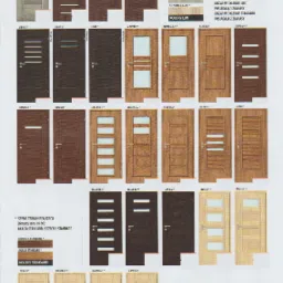 Katalog drzwi wewnętrznych i zewnętrznych, prezentujący różne modele, kolory i wykończenia, w tym drzwi z przeszkleniami i pełne, z informacjami o dostępnych szerokościach i szybkim terminie...