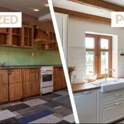 Porównanie kuchni przed i po: stara, drewniana zabudowa z zieloną ścianą kontra jasna, odnowiona kuchnia z białymi płytkami, drewnianymi blatami i widocznymi belkami stropowymi.