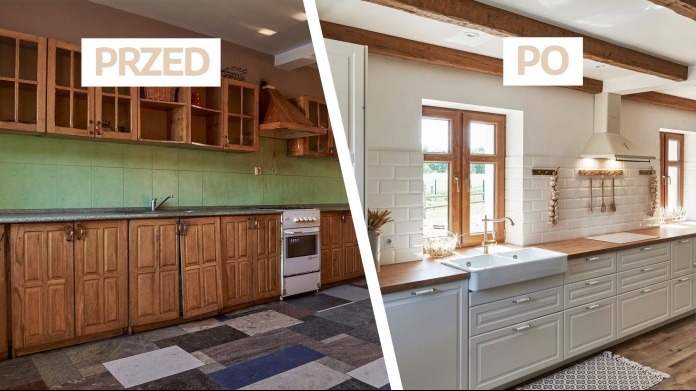 Porównanie kuchni przed i po: stara, drewniana zabudowa z zieloną ścianą kontra jasna, odnowiona kuchnia z białymi płytkami, drewnianymi blatami i widocznymi belkami stropowymi.