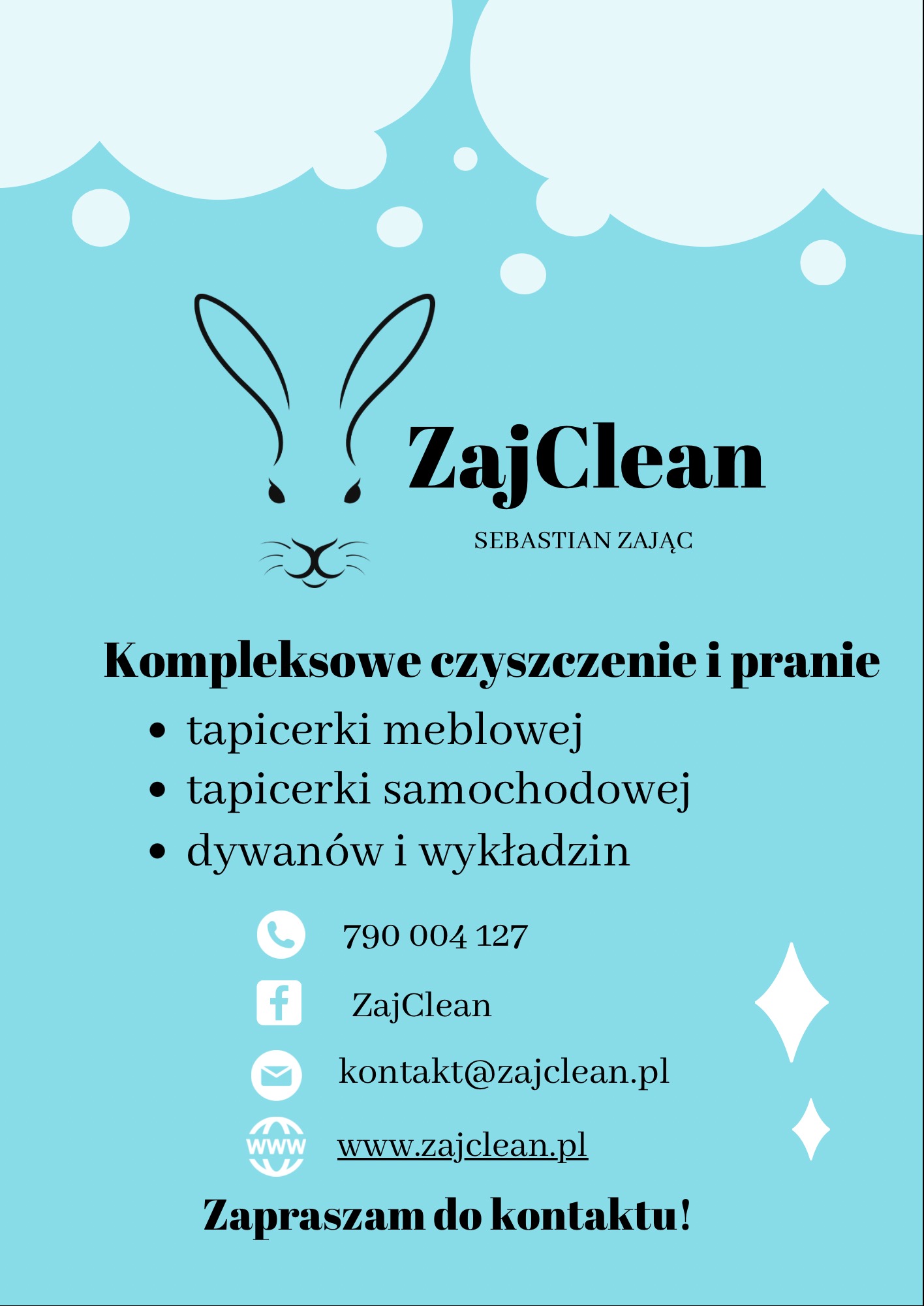 Reklama firmy ZajClean oferującej kompleksowe czyszczenie i pranie tapicerki meblowej, samochodowej oraz dywanów i wykładzin, z logo przedstawiającym zarys królika na jasnoniebieskim tle.