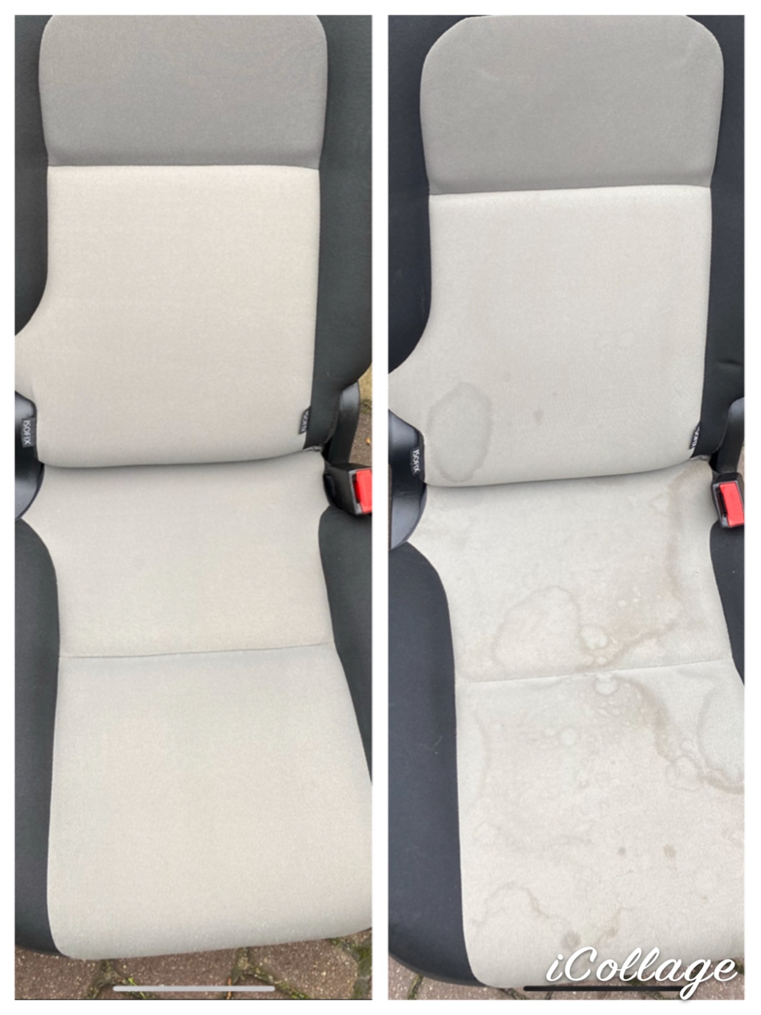 Porównanie fotela samochodowego przed i po czyszczeniu, widoczne plamy zniknęły po zabiegu.