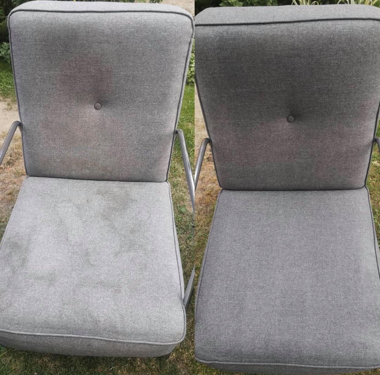 Porównanie fotela tapicerowanego przed i po czyszczeniu, widoczne różnice w odcieniu i usunięte plamy na siedzisku.