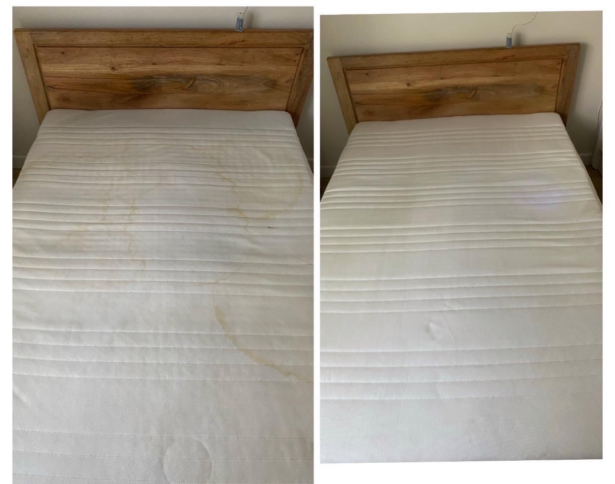 Porównanie materaca z drewnianym wezgłowiem przed i po czyszczeniu, widoczne usunięte plamy i zabrudzenia.