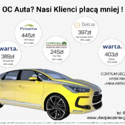 Żółty samochód na tle ofert ubezpieczeniowych różnych firm, z hasłem 'OC Auta? Nasi Klienci płacą mniej !' u góry.