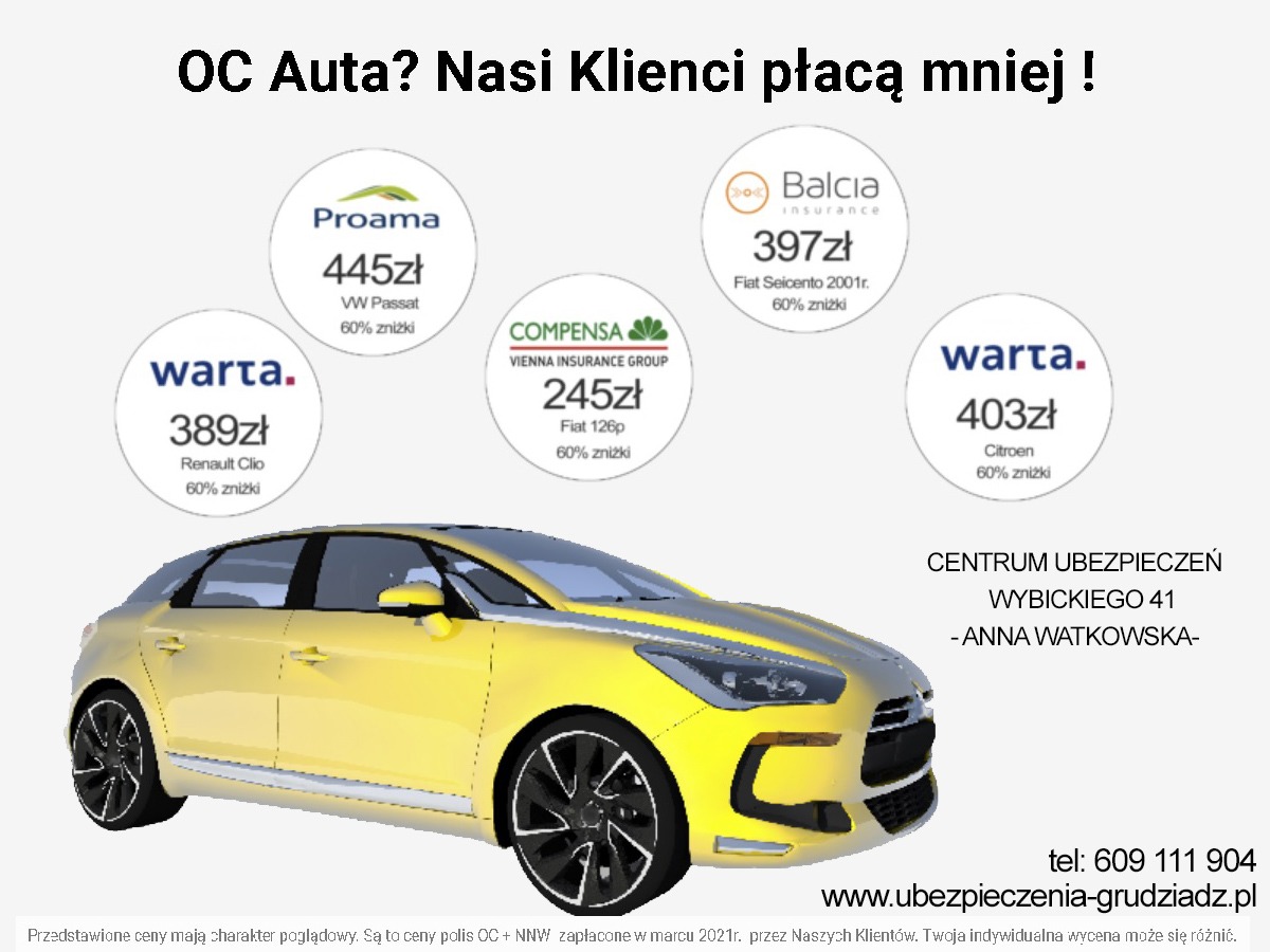 Żółty samochód na tle ofert ubezpieczeniowych różnych firm, z hasłem 'OC Auta? Nasi Klienci płacą mniej !' u góry.