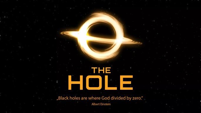 Grafika komputerowa przedstawiająca czarną dziurę z pierścieniem akrecyjnym na tle kosmosu, z napisem 'THE HOLE' i cytatem Alberta Einsteina, stworzona przez grafika komputerowego z Warszawy.