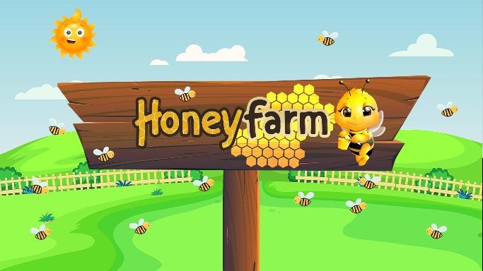 Ilustracja przedstawiająca kreskówkową scenę z drewnianym szyldem 'Honeyfarm' ozdobionym plastrem miodu, otoczonym przez uśmiechnięte pszczoły i słońce na tle zielonych wzgórz i błękitnego nieba.