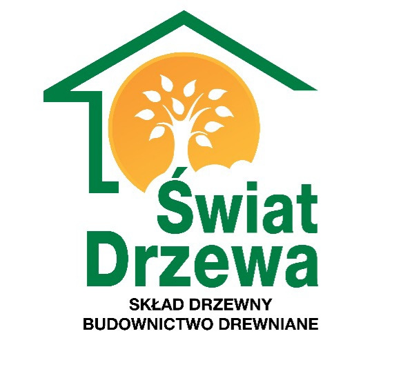 Logo firmy 'Świat Drzewa' z zielonym konturem domu, pomarańczowym słońcem z drzewem w środku oraz zielonym napisem 'Świat Drzewa' i tekstem 'SKŁAD DRZEWNY BUDOWNICTWO DREWNIANE' poniżej.